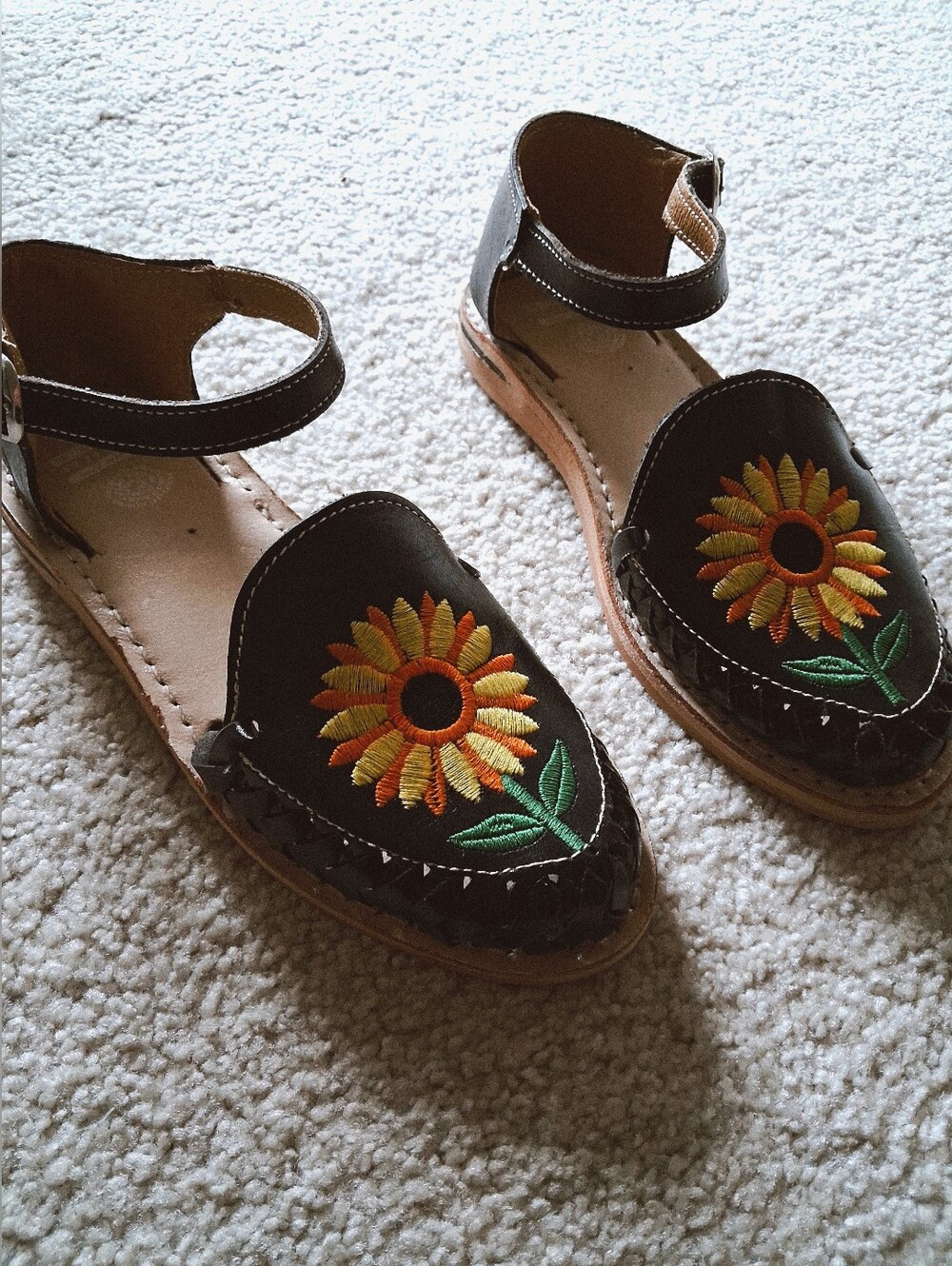 Country Floral Black Leather Southwestern Sunflower Embroidered Huarache Flats